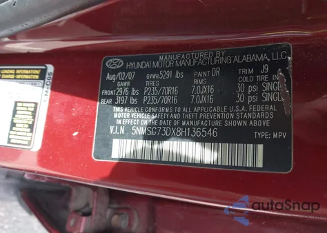 2008 Hyundai Santa Fe Gls z USA, uszkodzony, nr VIN 5NMSG73DX8H136546